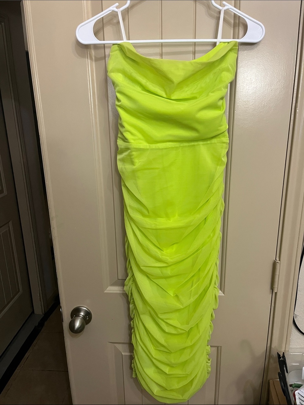 Michael Costello Neon Lime Strapless Ruched Midi Dress